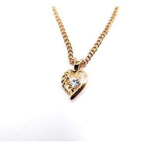 Gold Necklace CZ Heart Pendant Open Heart Floral 16in